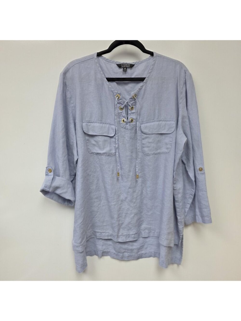 Company Ellen Tracy Shirt Womens XXL Blue Linen Lace Up Roll Tab Tunic Top